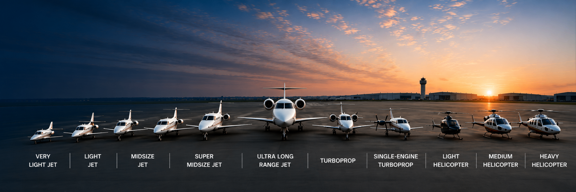 Lineup of business jets, turboprops and helicopters on a sunset ramp — from Very Light Jets to Ultra Long Range jets and rotary aircraft